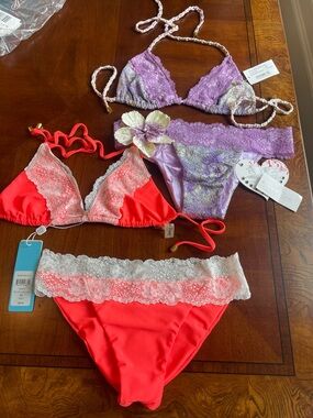 NWT beach bunny bikinis two sets both with lace and crystal flower XL sets